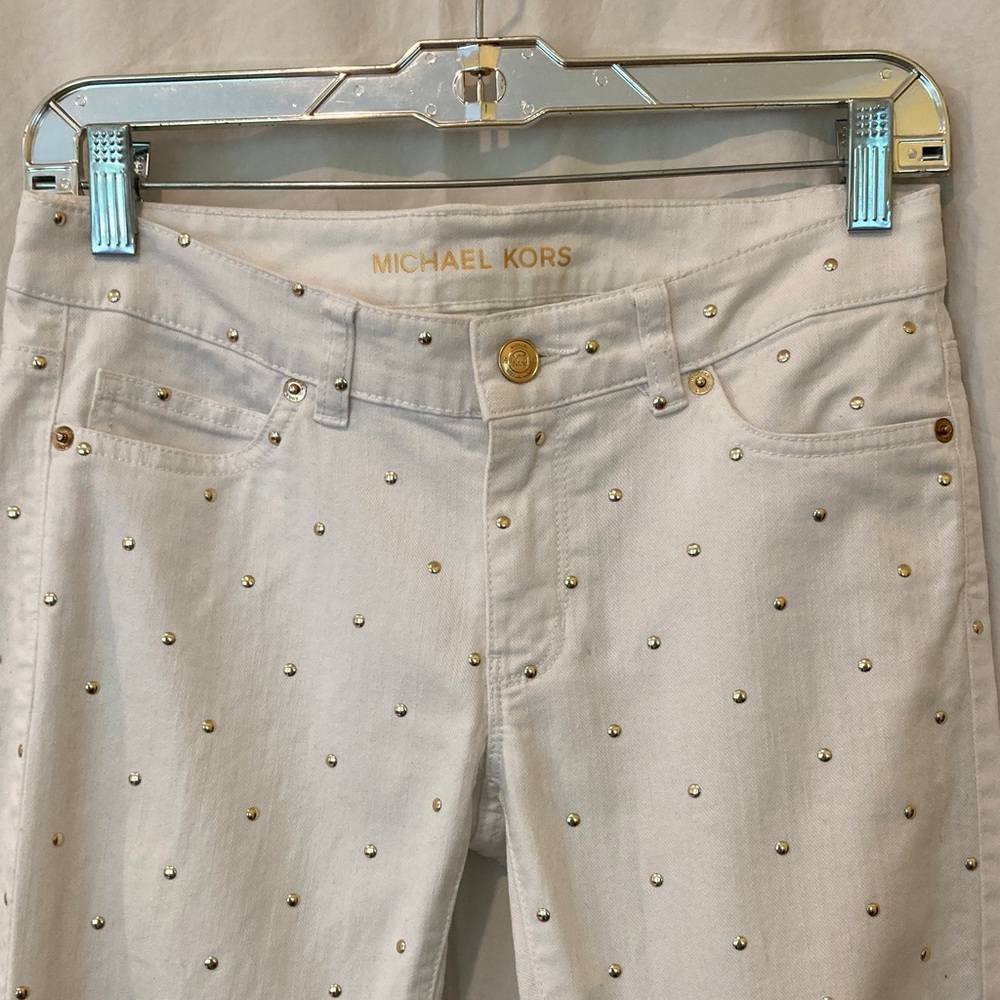 Michael Kors Gold Studded White Denim Skinny Jeans